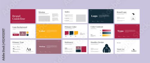 Complete brand guidelines design templates. Creative brand guidelines layout, Professional Logo Presentation, Logo and brand strategy guide, Modern Branding Template