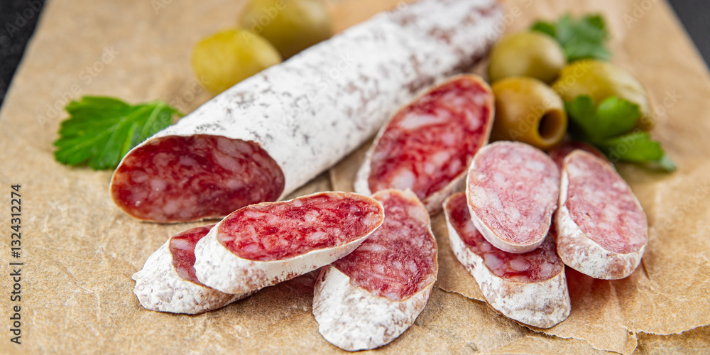 Fuet sausage Spanish meat delicacy fresh gourmet food background on the table rustic food top view copy space Fuet sausage Spanish meat delicacy fresh gourmet food background on the table rustic food top view copy space