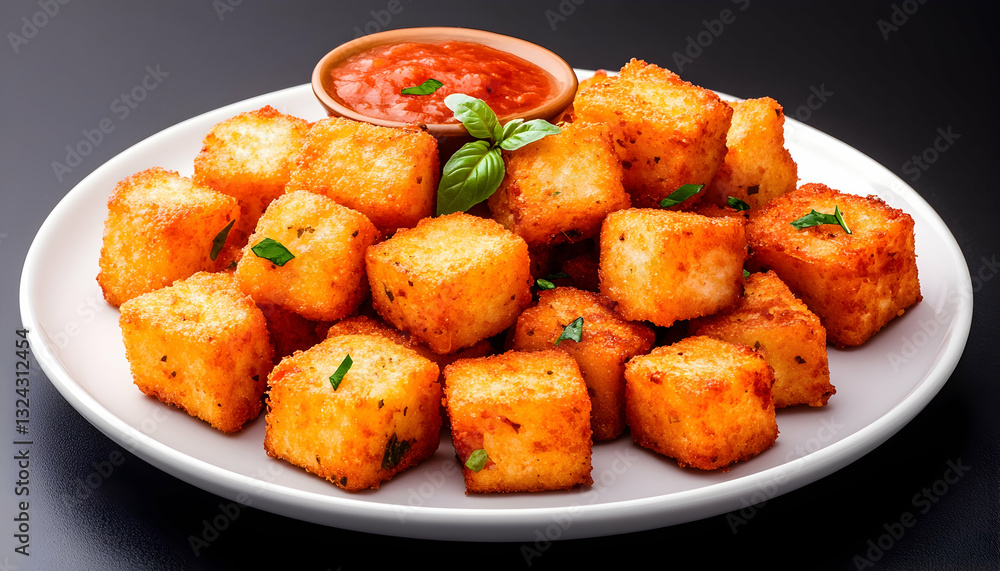 Crispy, golden-brown cubed food with a tomato sauce dipping Crispy, golden-brown cubed food with a tomato sauce dipping