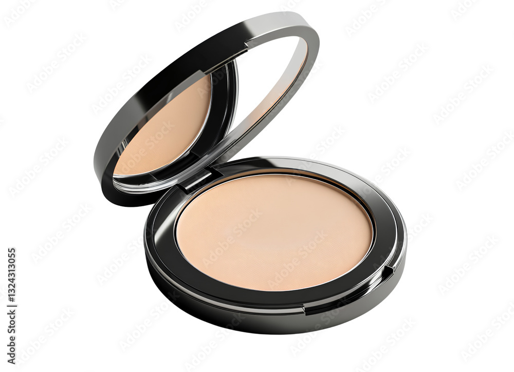 An ultra-realistic photograph of an open powder compact, featuring a light beige foundation inside. The compact is isolated on a transparent background An ultra-realistic photograph of an open powder compact, featuring a light beige foundation inside. The compact is isolated on a transparent background