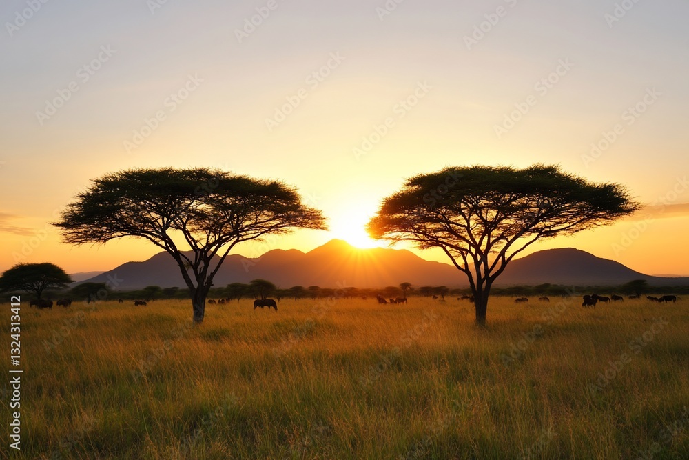 Obraz premium African savanna sunset with acacia trees and grazing animals.
