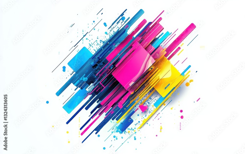 Digital glitch pattern with vibrant blue, pink, and yellow streaks, isolated on clear white background