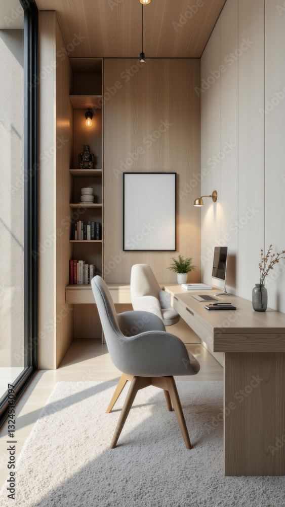 Fototapeta premium A modern workspace with an acoustic panel wall and a desk setup.