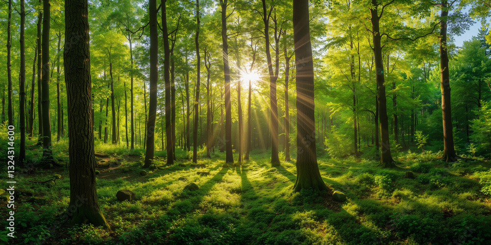 Fototapeta premium Sunlight Filtering Through Trees in Lush Green Forest
