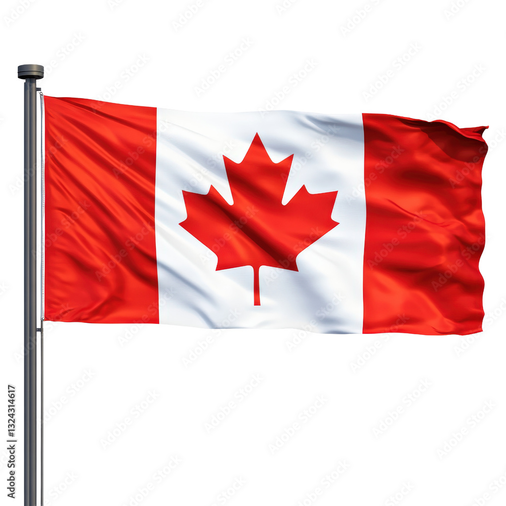 A canadian flag displayed proudly against a clear sky representing national identity and cultural heritage isolated on a white background. A canadian flag displayed proudly against a clear sky representing national identity and cultural heritage isolated on a white background.