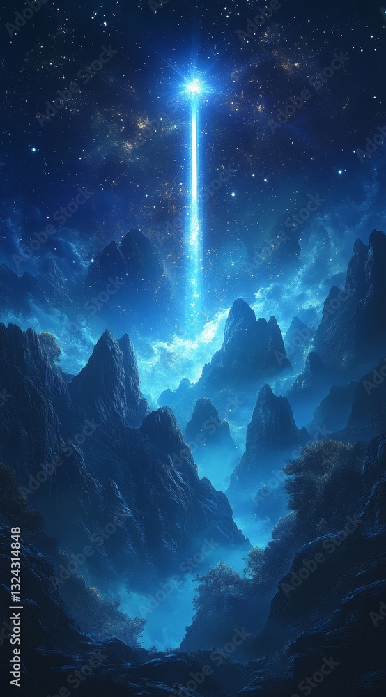 Obraz premium a bright light shines down from the starry night sky over misty mountains.