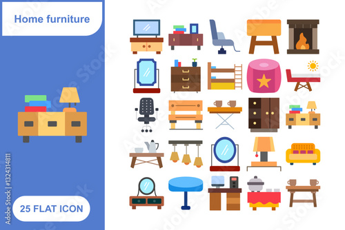 Collection of Home Furniture Icons - 25 Stylish Icons for Interior Design, Living Room, Bedroom, and Office