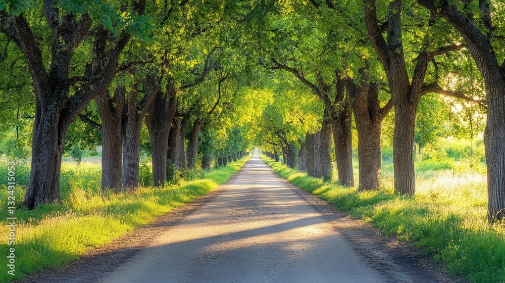 Fototapeta premium Of a Tranquil countryside road lined with ancient oak trees forming a natural tunnel of greenery
