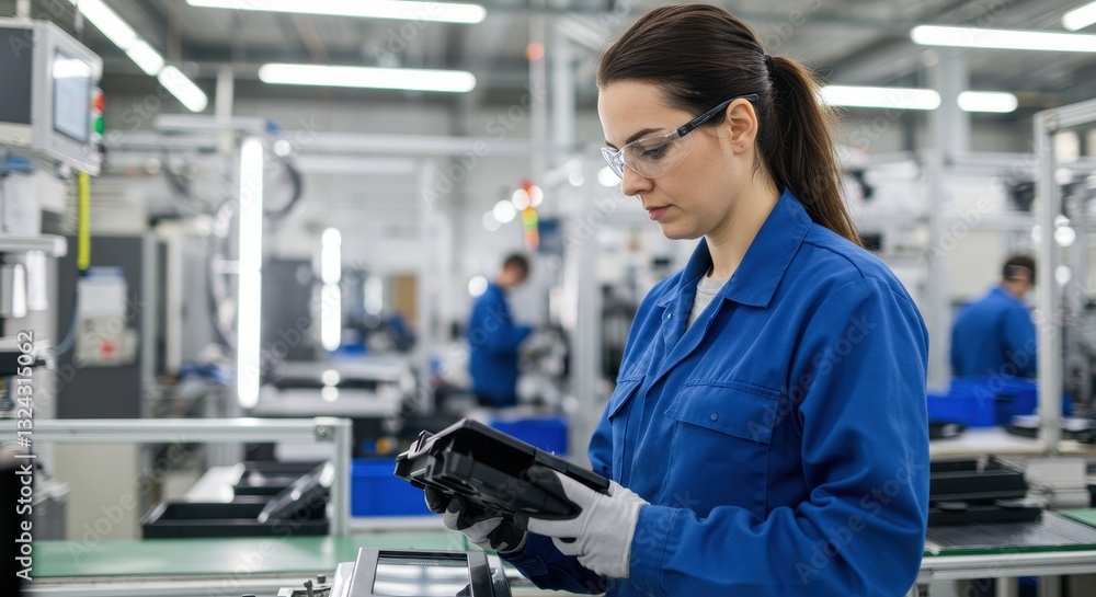 Female factory worker in uniform and safety glasses inspecting parts on an assembly line. Industrial manufacturing and quality control concept. Female factory worker in uniform and safety glasses inspecting parts on an assembly line. Industrial manufacturing and quality control concept.