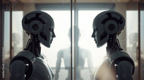 Generative AI illustration of side view of white futuristic robots standing and looking at camera, high-tech robots of the future