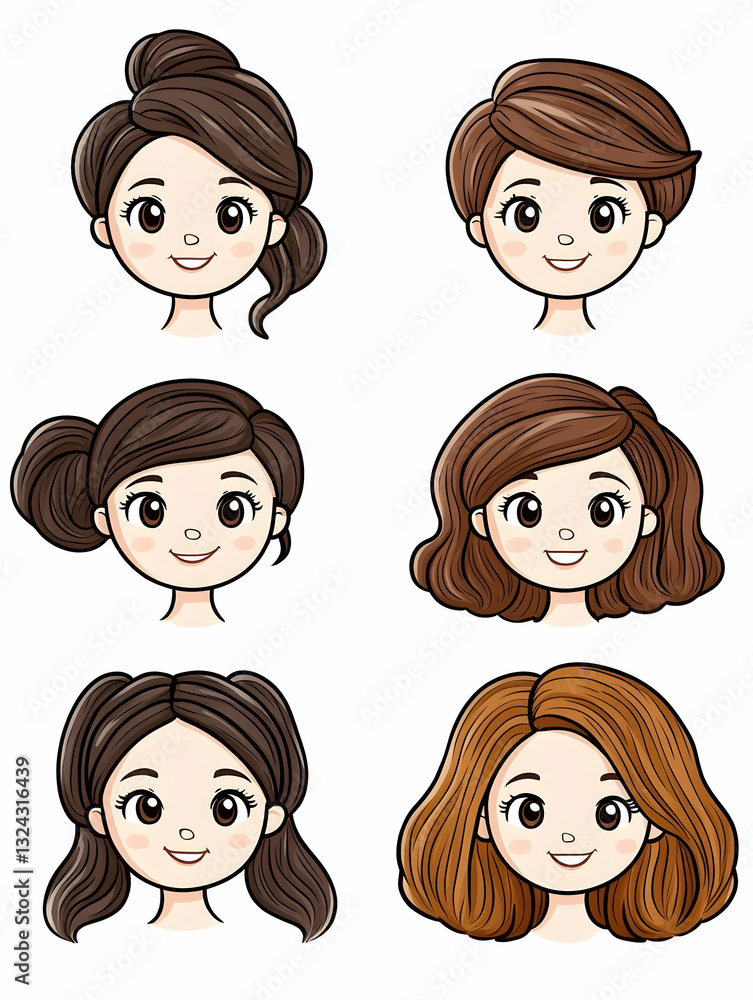 Cute cartoon girl hairstyles. Various updo and down styles Cute cartoon girl hairstyles. Various updo and down styles