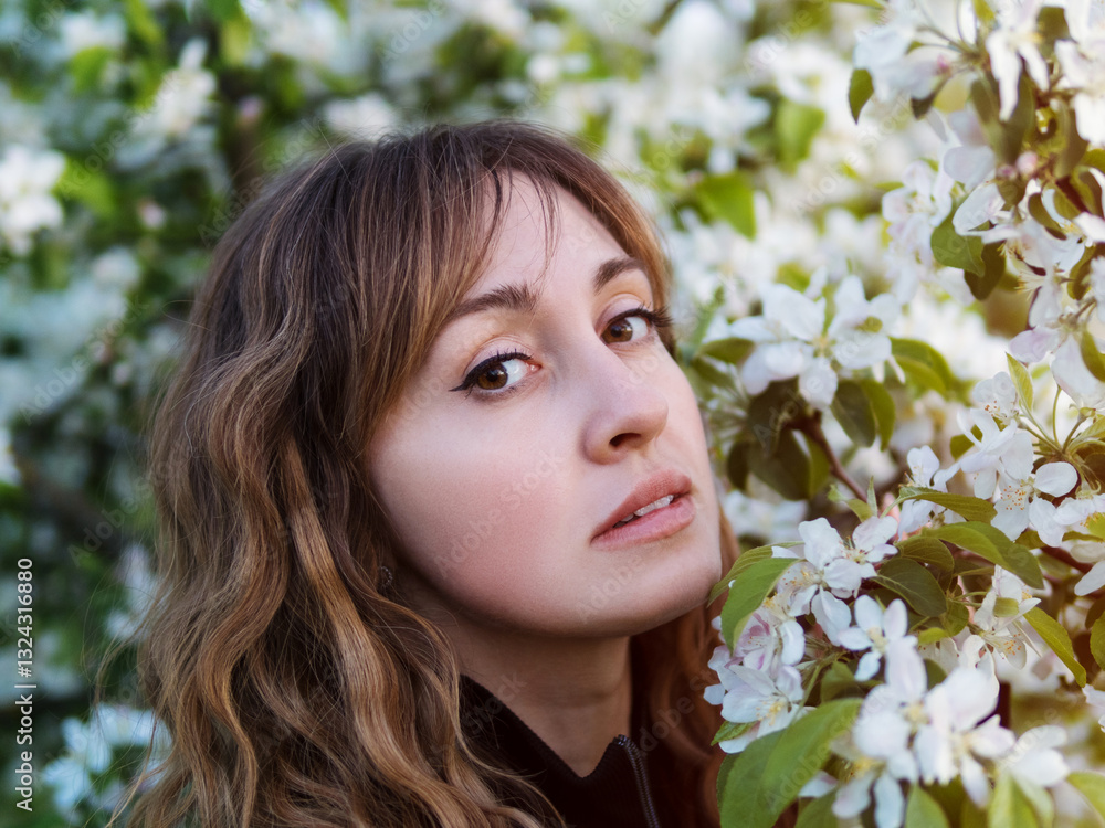Young beautiful woman with curled hair, spring portrait in blossoming branches of apple tree Young beautiful woman with curled hair, spring portrait in blossoming branches of apple tree
