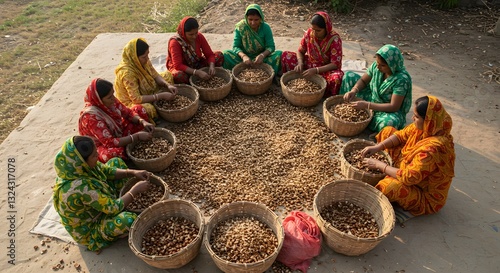 Women working together harvesting brown nuts in baskets rural setting asia food crop seeds labor