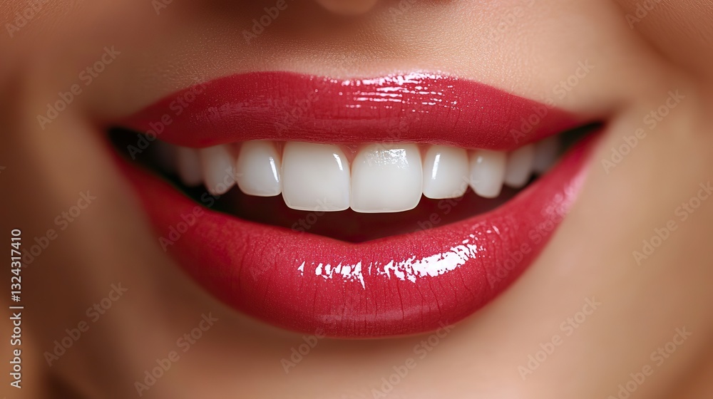Obraz premium Smiling female lips with pink lipstick close-up, showcase perfect white teeth on soft beige, emphasizing beauty and cosmetology.