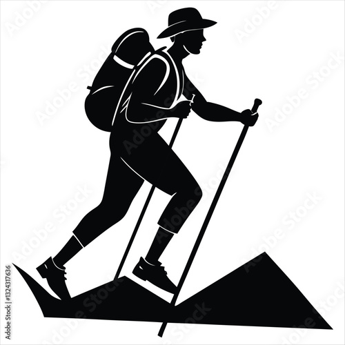 Silhouette of a hiker climbing a mountain with a backpack and trekking poles