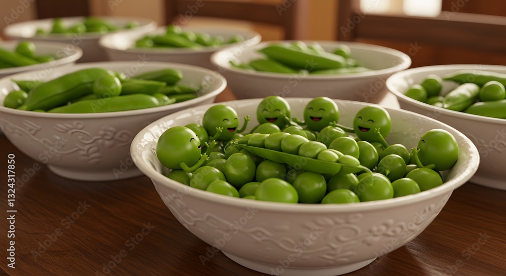 Adorable cartoon peas in bowls happy green vegetable food 3d fun pod cute leaf diet funny fresh sweet Adorable cartoon peas in bowls happy green vegetable food 3d fun pod cute leaf diet funny fresh sweet
