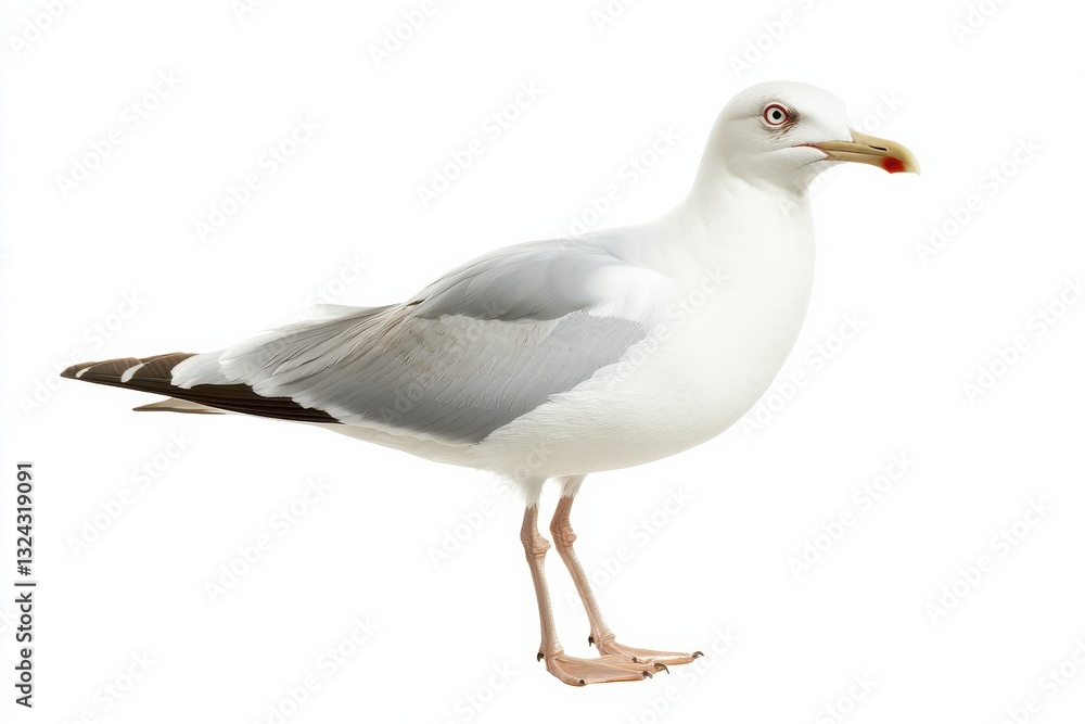 A curious seagull stands gracefully on a white backdrop, showcasing its unique features and colors isolated on transparent background A curious seagull stands gracefully on a white backdrop, showcasing its unique features and colors isolated on transparent background