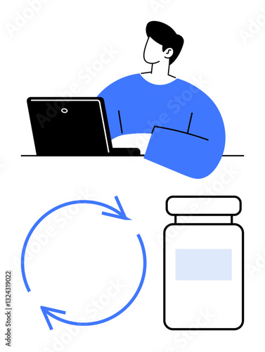 Person at desk using laptop, blue circular recycling arrows, and medicine bottle. Ideal for healthcare, sustainability, telework, eco-consciousness, recycling technology pharmaceutical focus. Flat