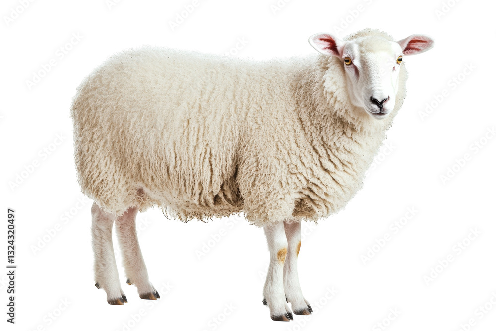 Fluffy white sheep standing gracefully against a clean background in natural light isolated on transparent background Fluffy white sheep standing gracefully against a clean background in natural light isolated on transparent background