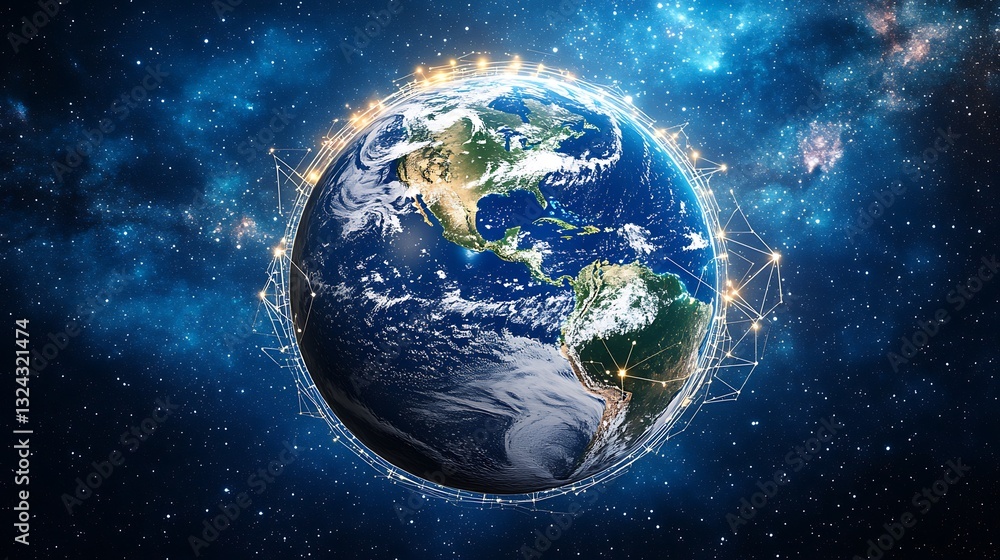 Fototapeta premium Earth in space, network connections, starry background, digital art, stock photo