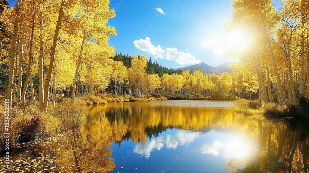 Fototapeta premium Of a Tranquil lake surrounded by golden aspen trees reflecting on the calm water surface