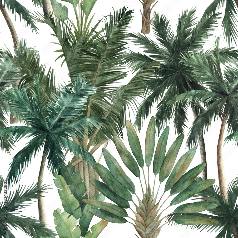 Fototapeta premium Jungle summer print. Watercolor seamless pattern with palm trees on white background. Hand drawn illustration