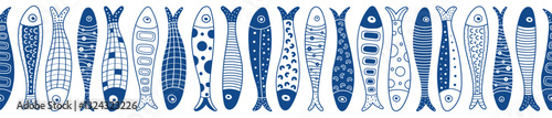 Vector seamless horizontal border with fish. Cute illustration. Sardines, salmon, tuna, tilapia.