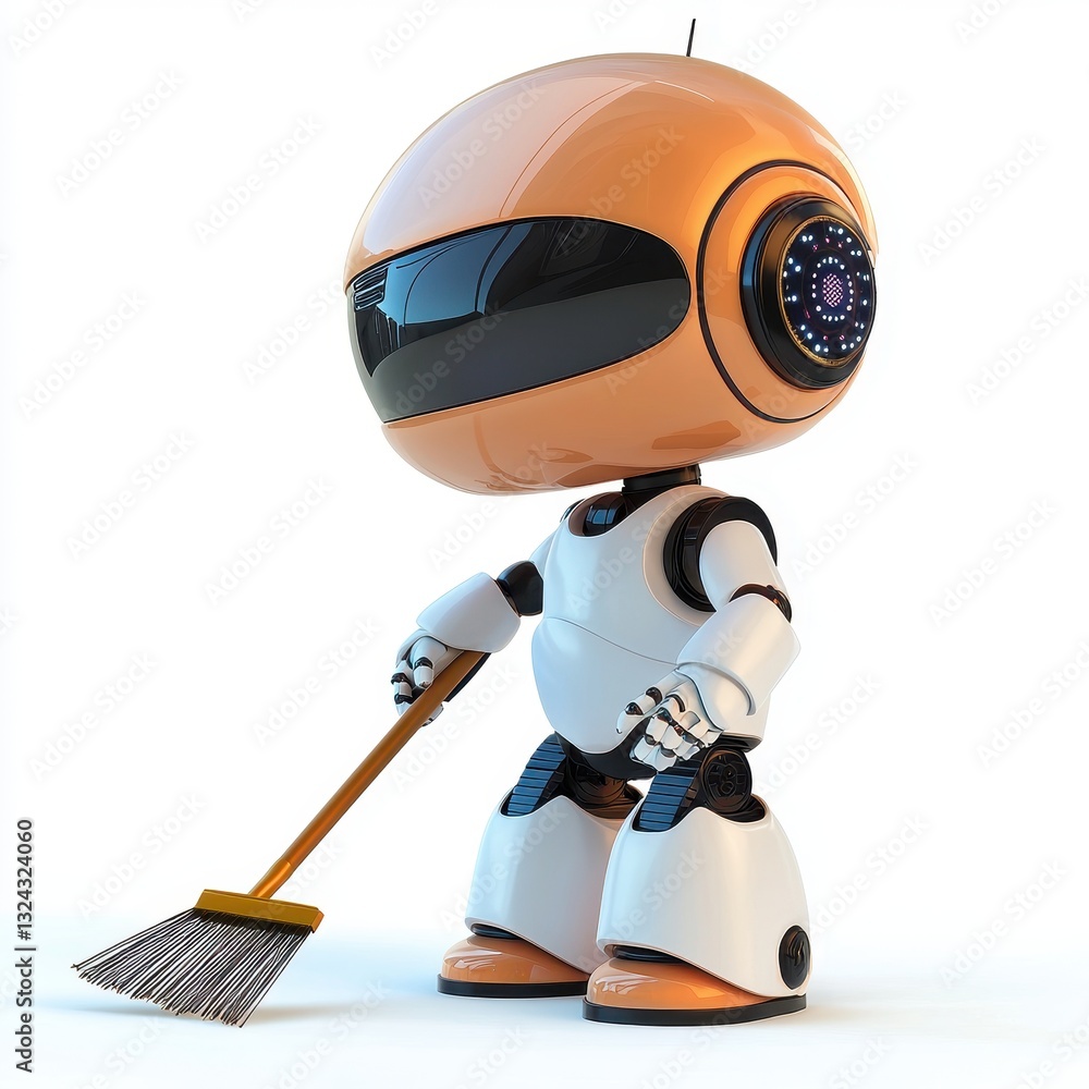 Small robot janitor sweeping the floor with a tiny broom, isolated on clear white background Small robot janitor sweeping the floor with a tiny broom, isolated on clear white background