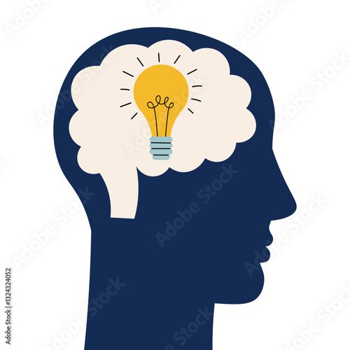 Human silhouette profile picture with bulb in the head. Creative person with new idea, human brain concept, people find solution.