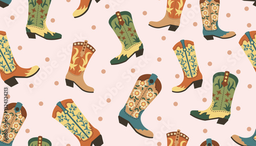 Cowboy and Cowgirl boots seamless pattern. Wild West surface pattern design for stationary, fabrics and prints.