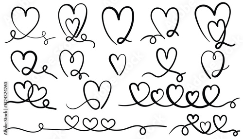 Heart line art set, hand drawn love symbols, isolated vector clip art set.