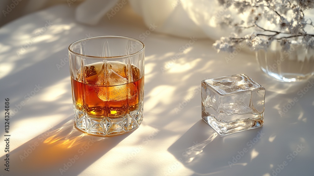 Sunlight beams cast shadows on a white table, where a whisky glass with a large ice cube sits ideal for conveying relaxation, celebration, or sophisticated lifestyle. Sunlight beams cast shadows on a white table, where a whisky glass with a large ice cube sits ideal for conveying relaxation, celebration, or sophisticated lifestyle.
