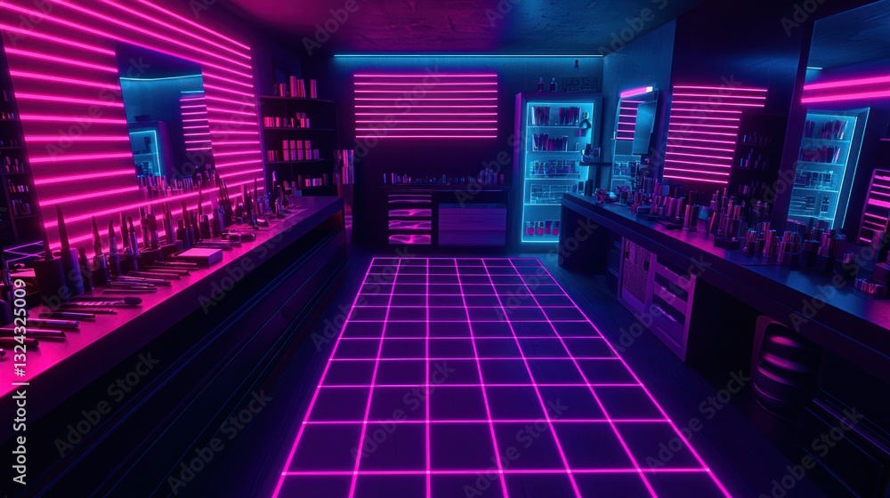 Fototapeta premium Neon-lit interior features a glowing grid floor and shelves with various items