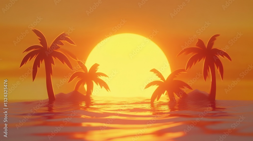 Warm golden-hour sunset over an orange-tinted ocean palm tree silhouettes in layered 3D paper cut style minimalist tropical retreat. Warm golden-hour sunset over an orange-tinted ocean palm tree silhouettes in layered 3D paper cut style minimalist tropical retreat.