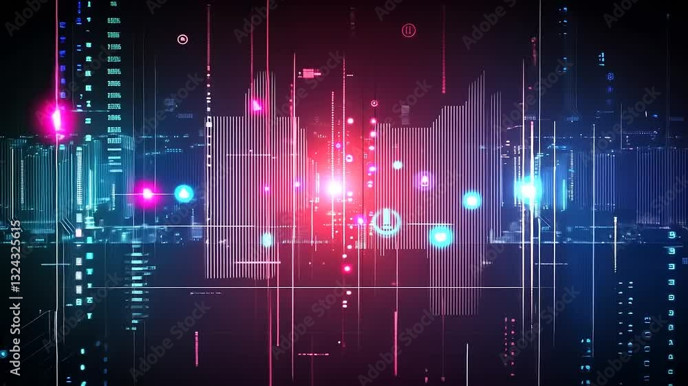 Abstract digital visualization with lines, dots, and glowing elements in vibrant colors. Abstract digital visualization with lines, dots, and glowing elements in vibrant colors.