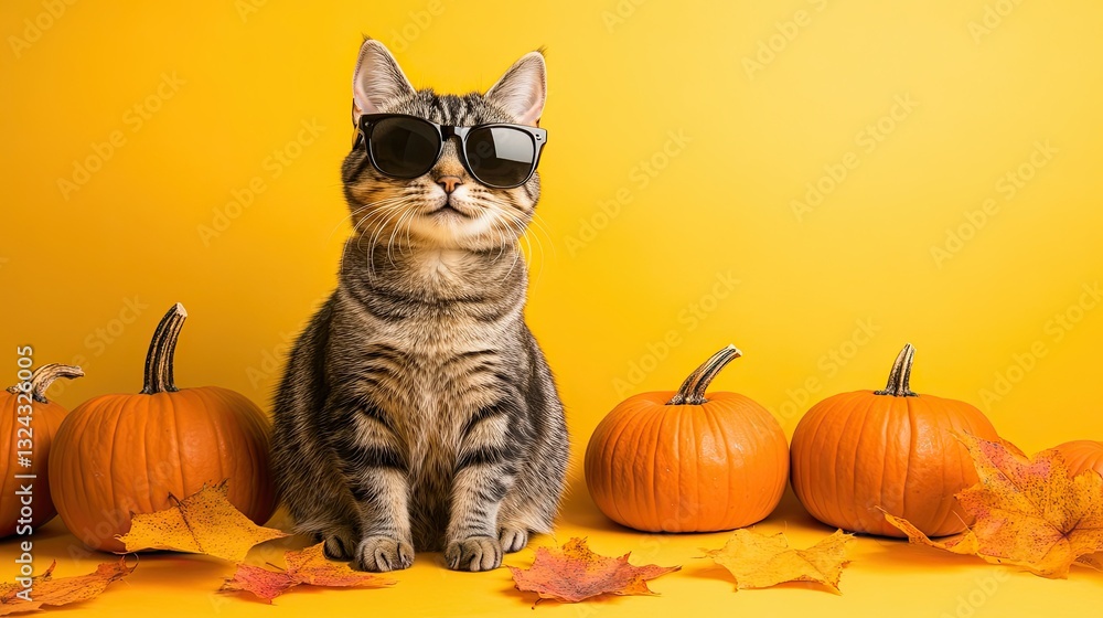 Joyful autumn setting features a charming cat in stylish sunglasses amidst a缤纷 array of pumpkins Joyful autumn setting features a charming cat in stylish sunglasses amidst a缤纷 array of pumpkins