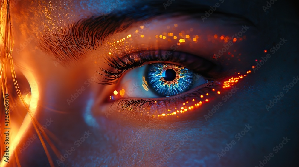 Fototapeta premium Swirling neon circles frame woman's eye, creating futuristic concept of vision and technological enhancement.