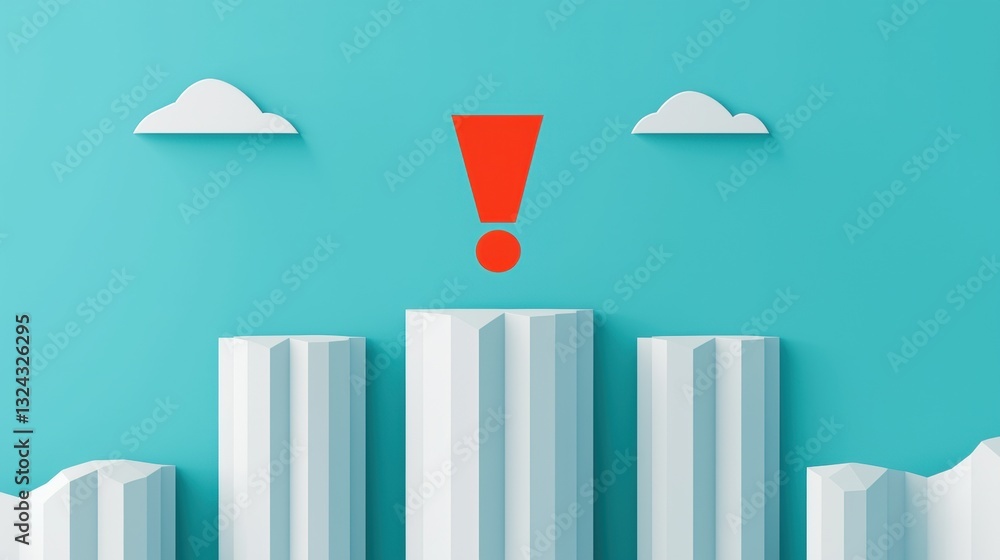 Obraz premium Massive Exclamation Mark Standing Between White Columns on a Bright Blue Background