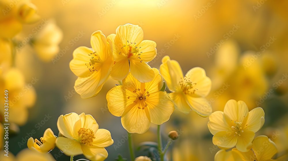 Fototapeta premium A vibrant field of yellow wildflowers blooming under a warm sunset, creating a serene atmosphere