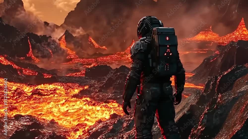 Astronaut on Alien Planet: An astronaut stands at the edge of an alien landscape, gazing upon a molten lava river, capturing the spirit of exploration and the unknown. Astronaut on Alien Planet: An astronaut stands at the edge of an alien landscape, gazing upon a molten lava river, capturing the spirit of exploration and the unknown.