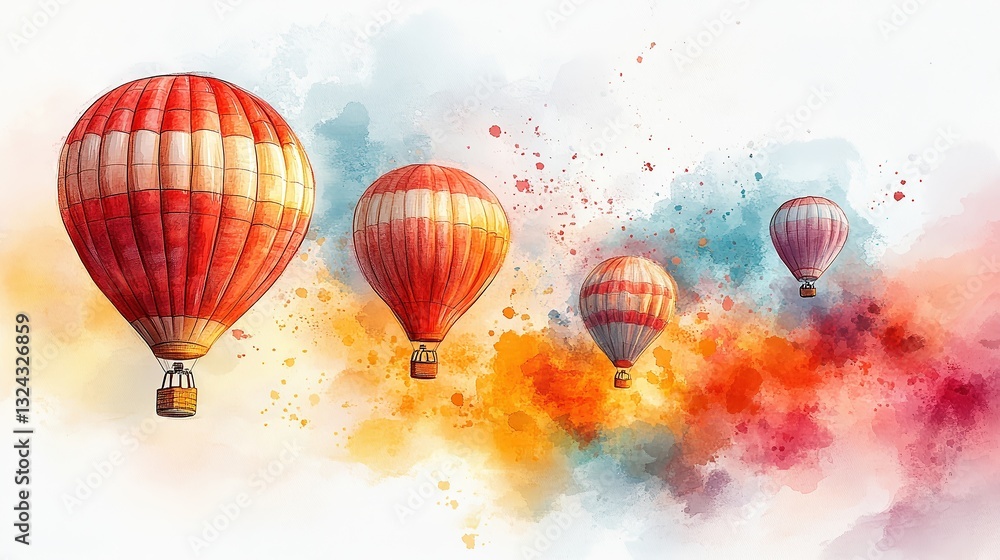 Obraz premium Hot air balloons rising into clear summer sky, delicate ink strokes outline shapes, while watercolor splashes in bright reds, oranges, and teals give them a weightless, floating sensation.