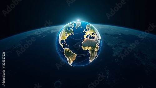Night planet earth from space with light lines of communication and connection. Business and finance, concept.  Global communications system and the World Wide Web. Technologies and communications.