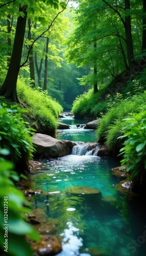 Lush green vegetation surrounds a crystal-clear stream, nature, surroundings, foliage