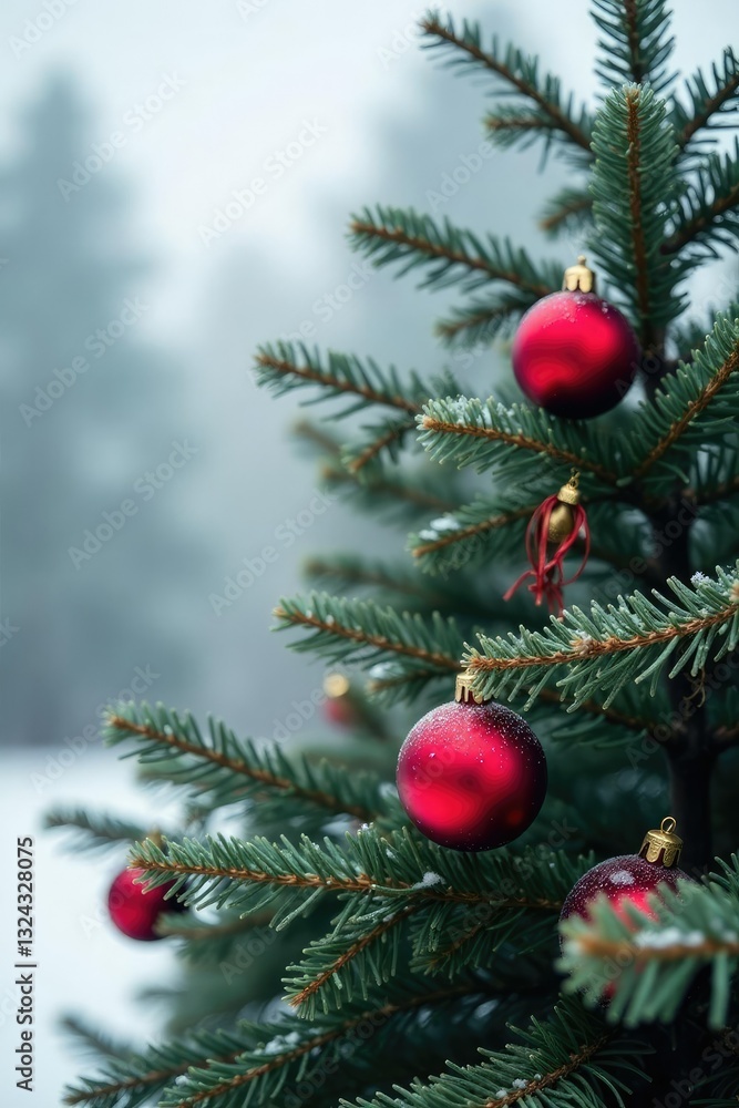 Red ornaments and garland adorn a bare evergreen tree against a frosty background, greenery, twig Red ornaments and garland adorn a bare evergreen tree against a frosty background, greenery, twig