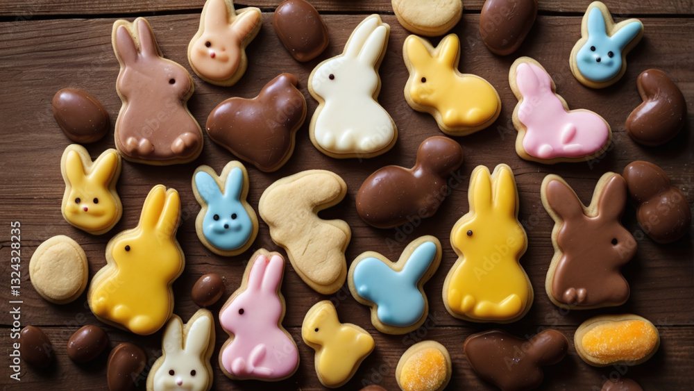 Whimsical arrangement of colorful bunny shaped cookies and chocolate treats Whimsical arrangement of colorful bunny shaped cookies and chocolate treats