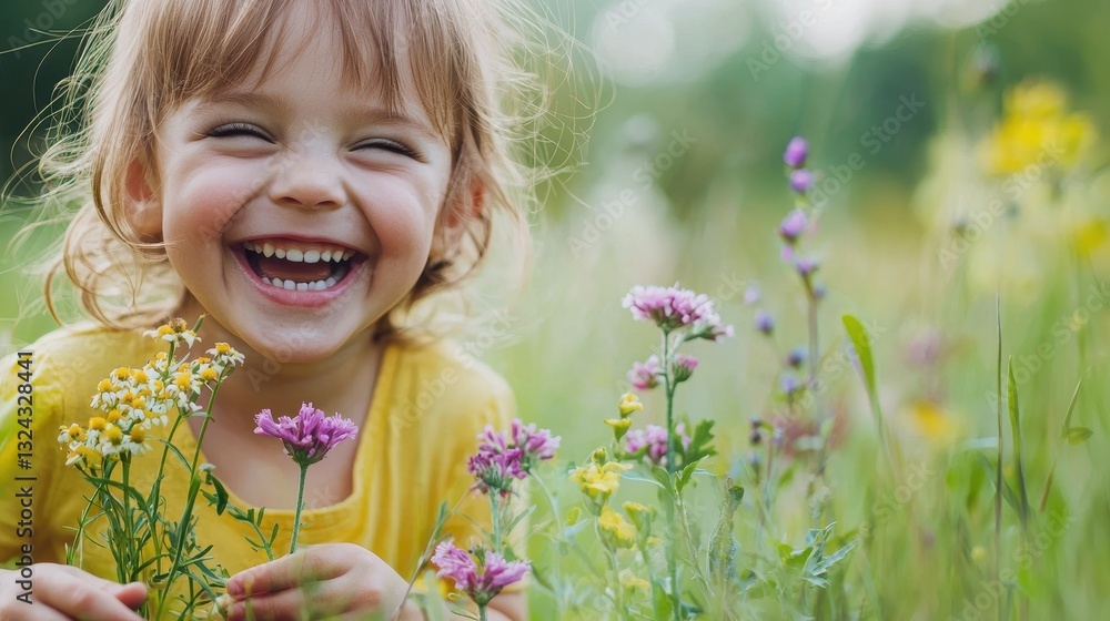 Close-up of a child laughing, holding wildflowers in a lush green field, soft focus background Close-up of a child laughing, holding wildflowers in a lush green field, soft focus background