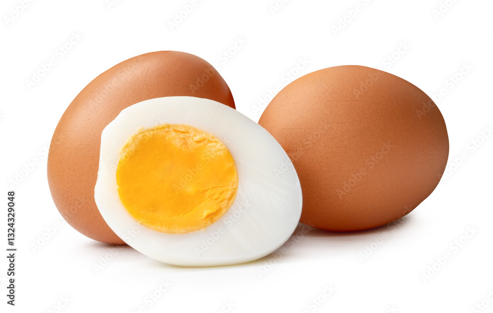 Front view of raw brown chicken eggs and cooked or boiled chicken egg with egg yolk in half in stack isolated on white background with clipping path Front view of raw brown chicken eggs and cooked or boiled chicken egg with egg yolk in half in stack isolated on white background with clipping path