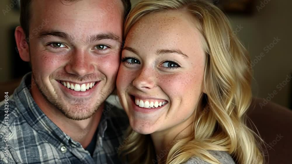 Couple smiling joyfully together in a cozy indoor setting during a moment of shared happiness Couple smiling joyfully together in a cozy indoor setting during a moment of shared happiness