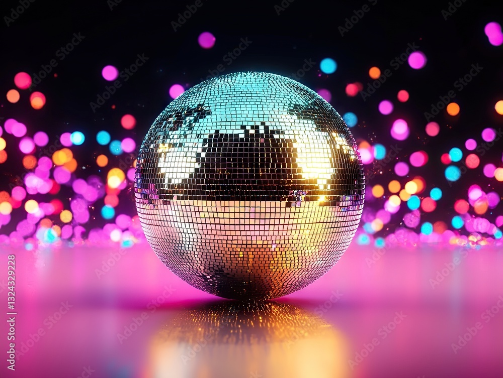 Obraz premium Vibrant disco ball reflection night club digital art colorful bokeh background close-up celebration vibe