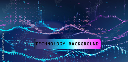 coFuturistic vector illustration with digital pixel waves and a colorful gradient. The design conveys technological innovation and the flow of data in a modern, abstract background.